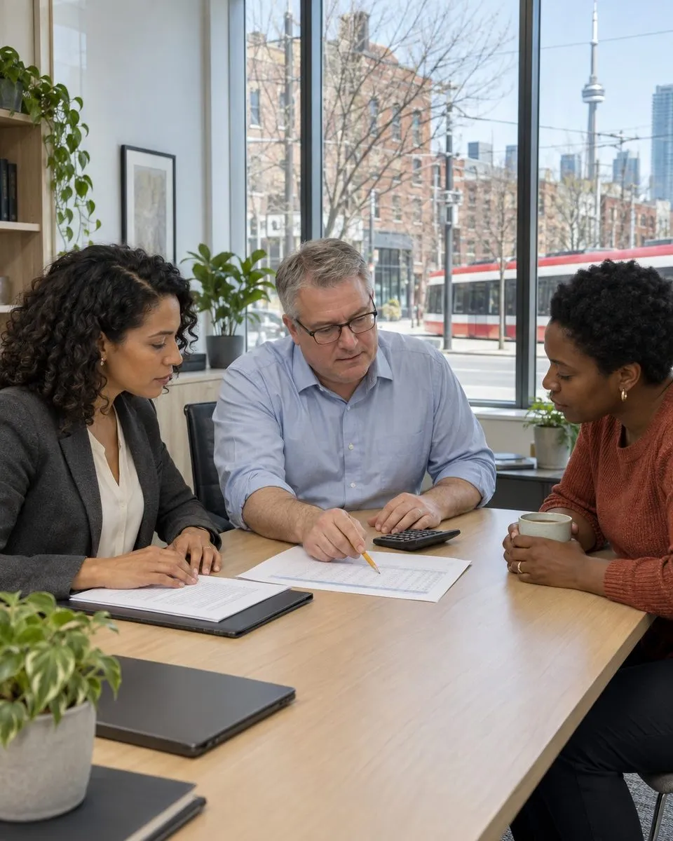 Exactly three people review a client file around a pale oak table in a bright professional office