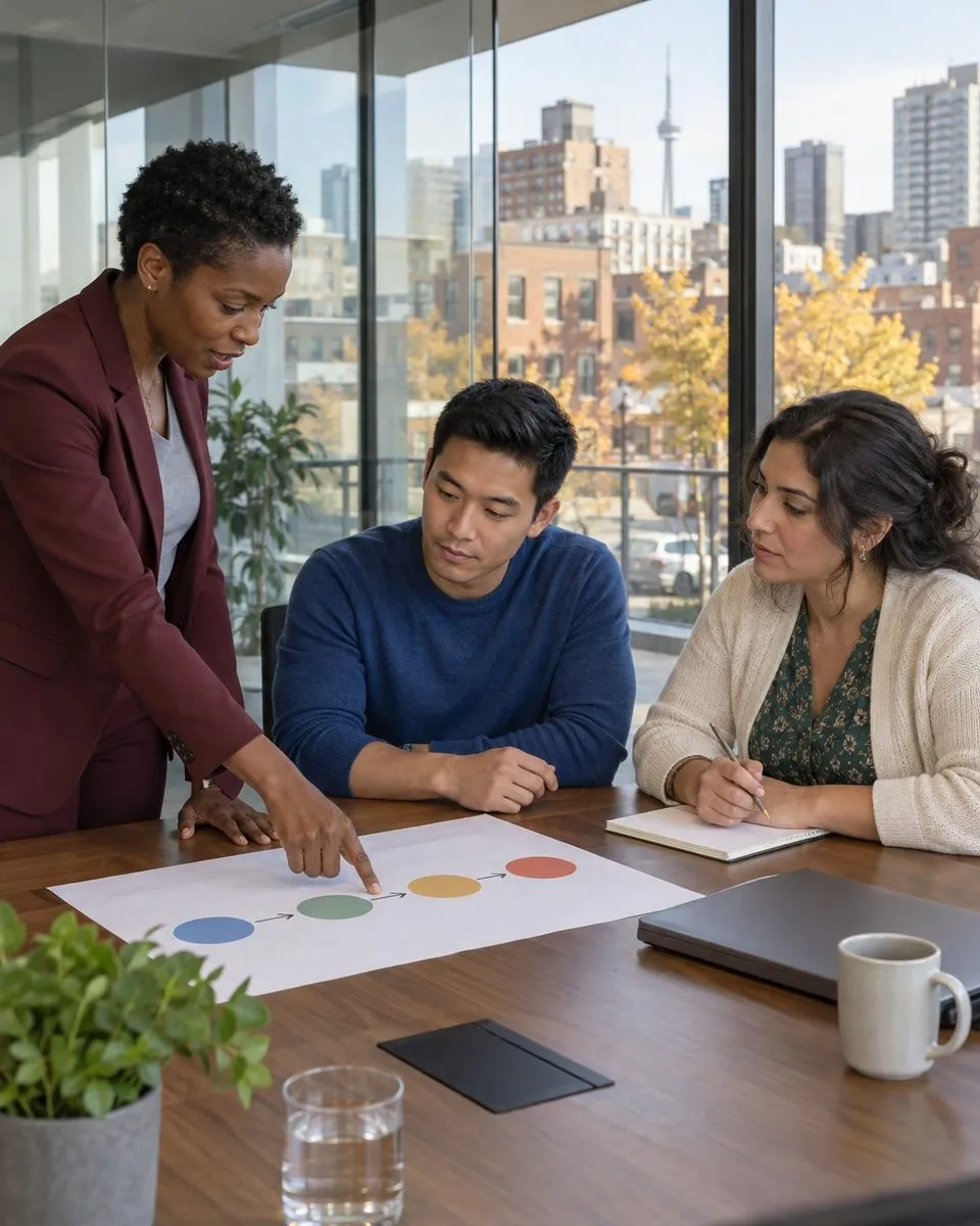 Exactly three people discuss a growth plan in a glass-walled meeting room used by independent businesses