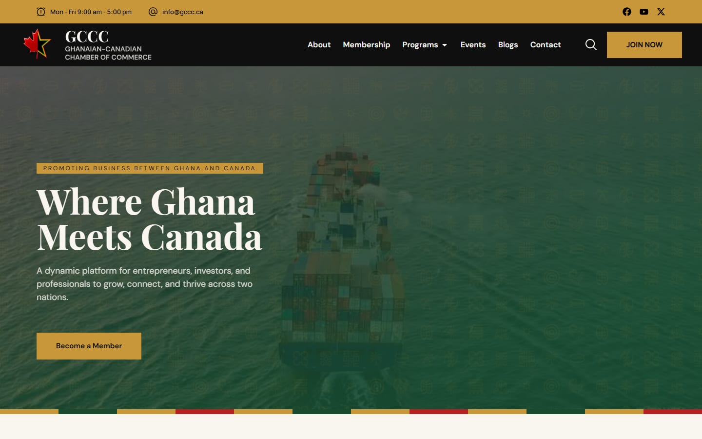 The home page of gccc.ca: a cargo ship at sea under the headline Where Ghana Meets Canada.